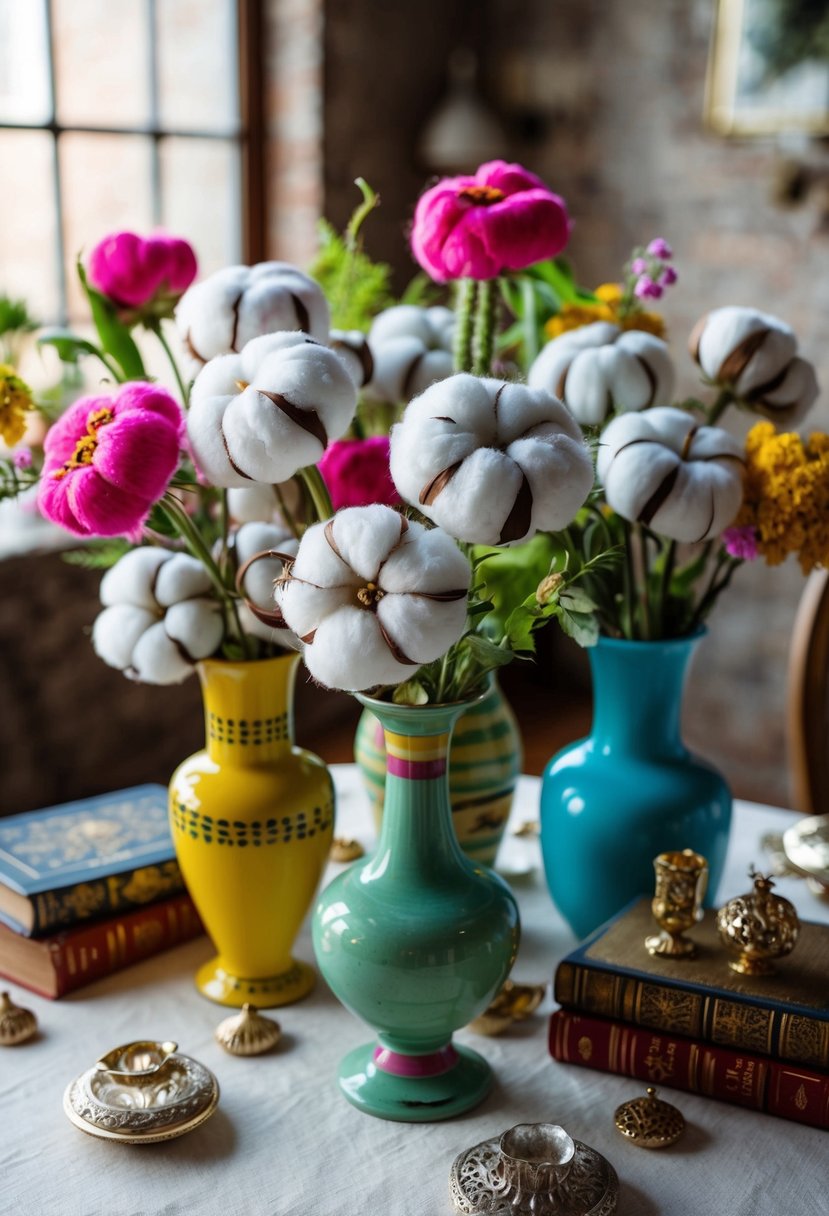 A table adorned with colorful cotton bouquets in mismatched vases, surrounded by whimsical trinkets and vintage books