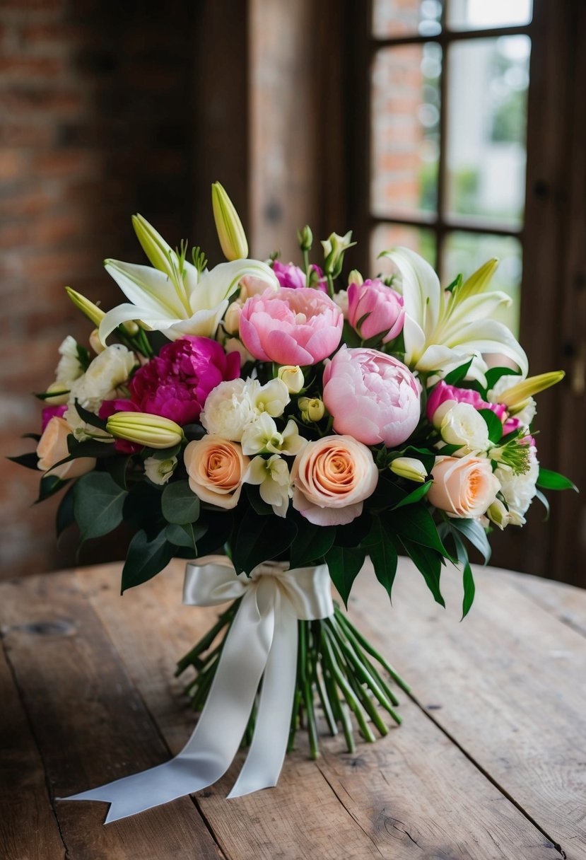 A lush bouquet of roses, peonies, and lilies, tied with satin ribbon, sits on a rustic wooden table