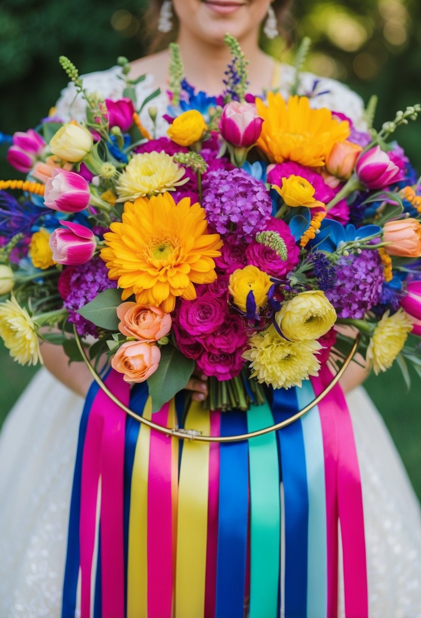 A whimsical wedding bouquet featuring colorful hoops adorned with vibrant flowers and ribbons, arranged in a playful and artistic manner