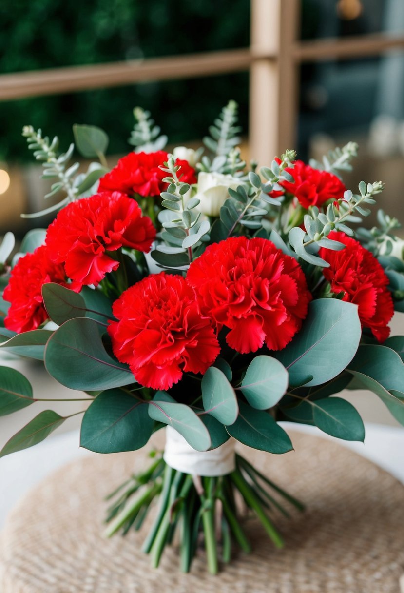 A vibrant bouquet of red carnations and eucalyptus leaves arranged in a romantic and elegant wedding bouquet