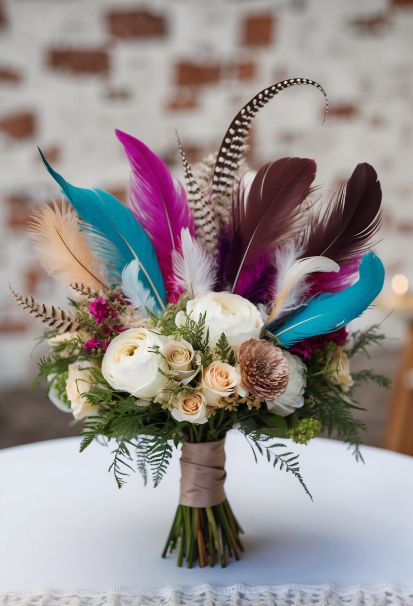 A whimsical wedding bouquet featuring colorful feathers, delicate accents, and unique textures