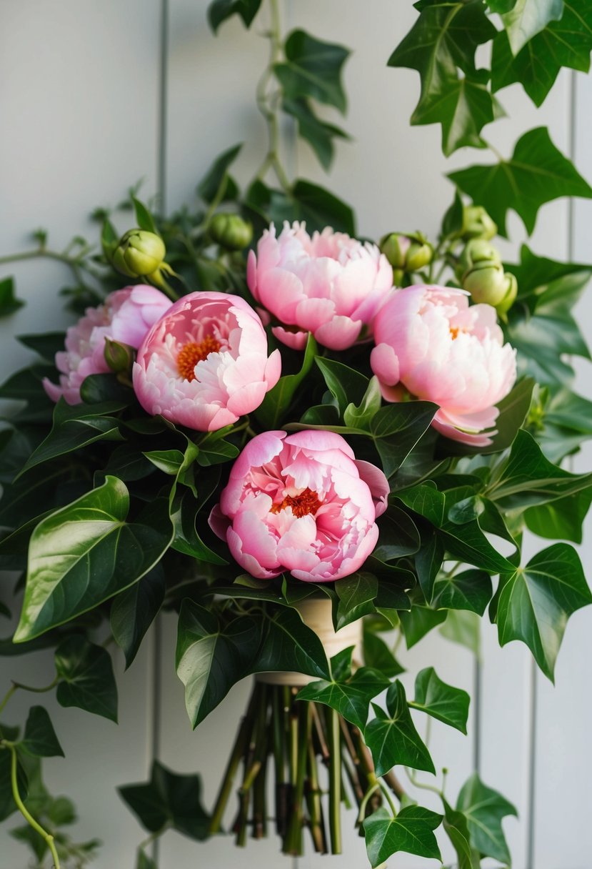 A lush bouquet of pink peonies intertwined with green ivy foliage