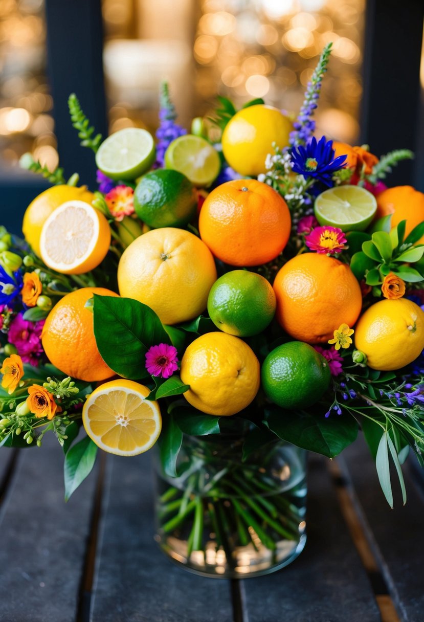 A vibrant bouquet featuring citrus fruits, such as lemons, oranges, and limes, mixed with colorful flowers and greenery