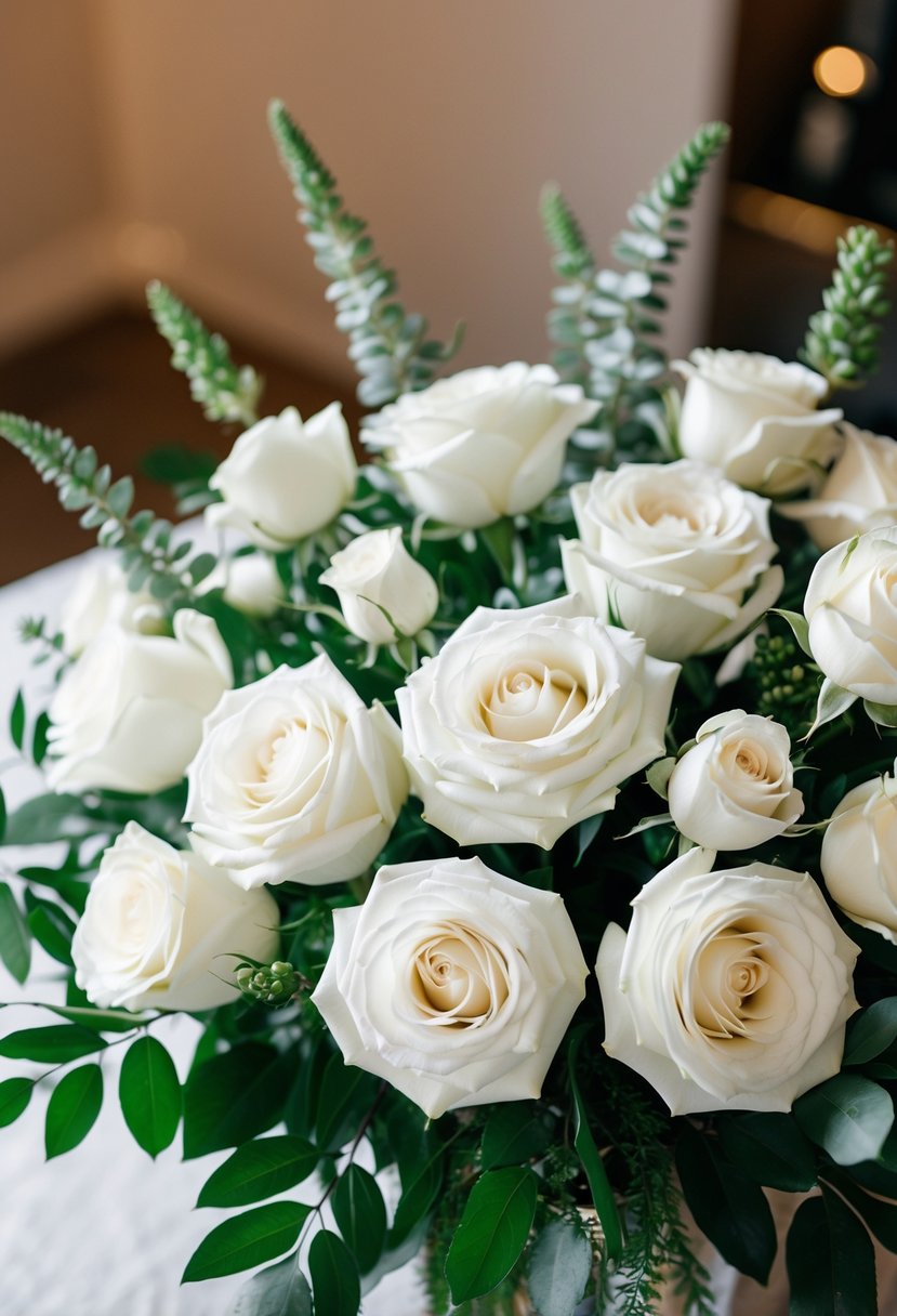 A bouquet of white roses and greenery arranged in a classic style