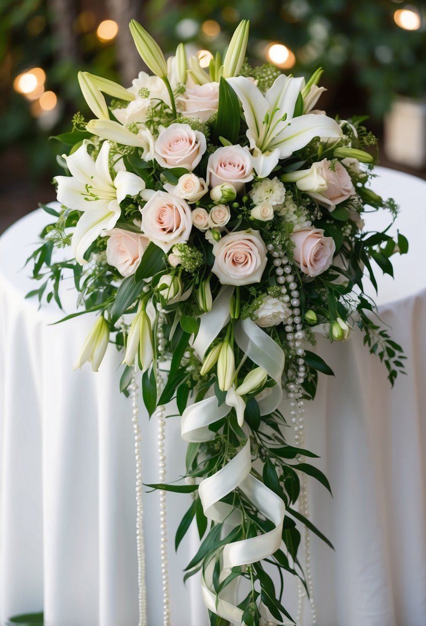 A cascading wedding bouquet featuring roses, lilies, and greenery, with flowing ribbons and delicate pearls intertwined throughout