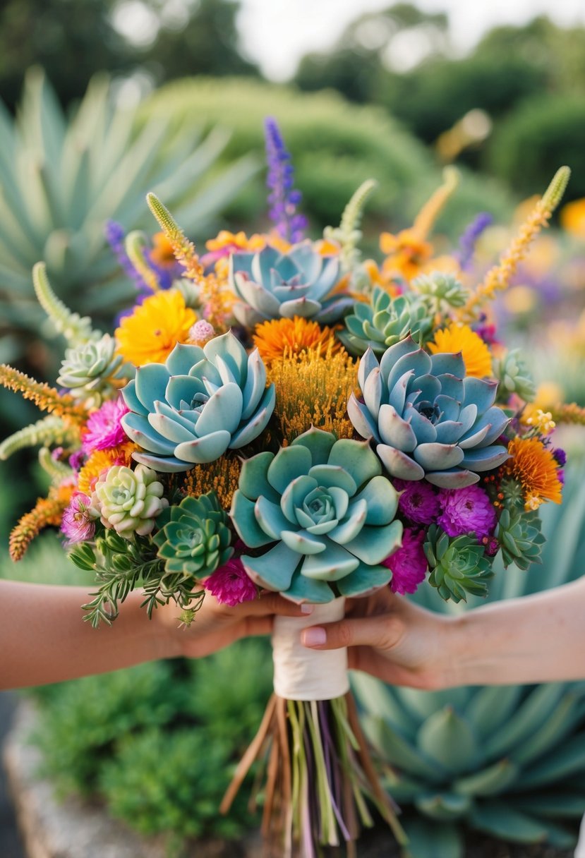 A colorful array of succulents and wildflowers arranged in a playful, non-traditional wedding bouquet