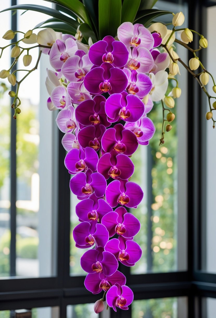 A cascading bouquet of modern orchids in various shades, arranged in a flowing and elegant design