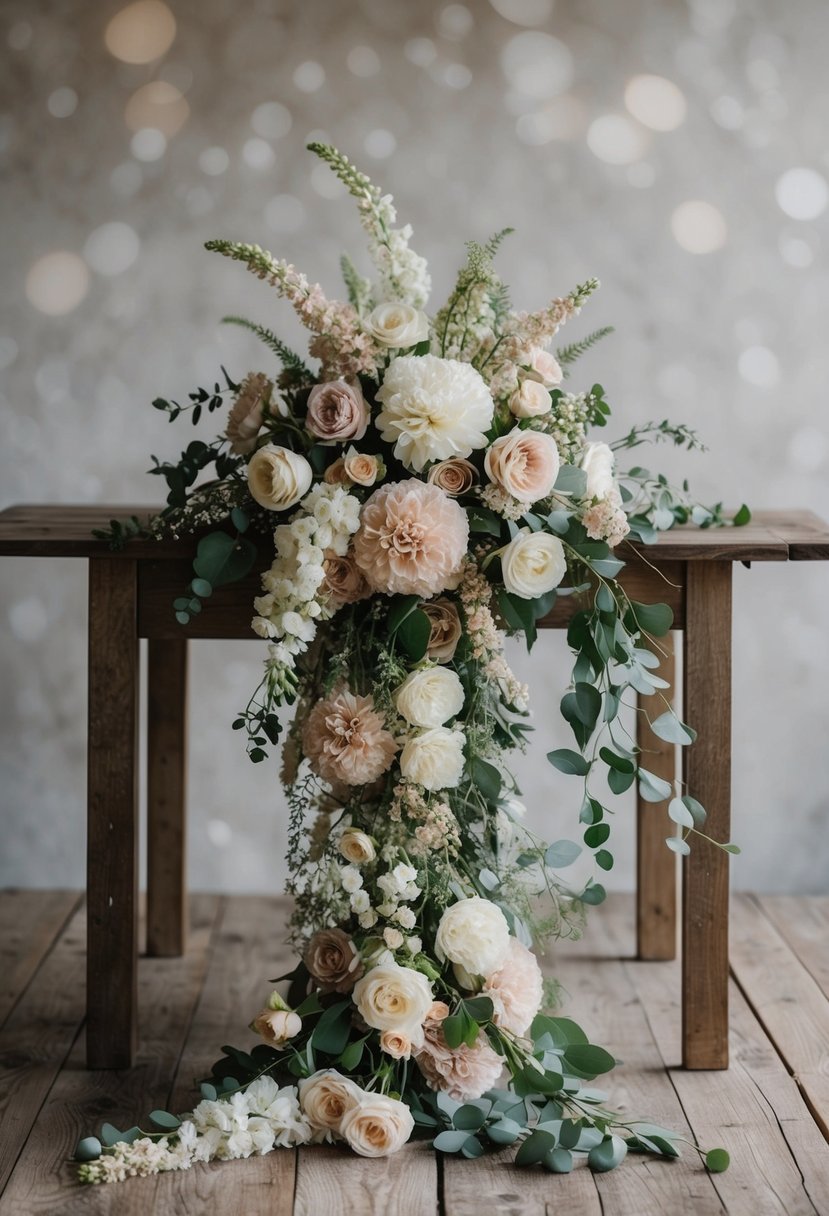 A cascading bouquet of silk flowers spills over a rustic wooden table, with delicate blooms in shades of ivory, blush, and sage