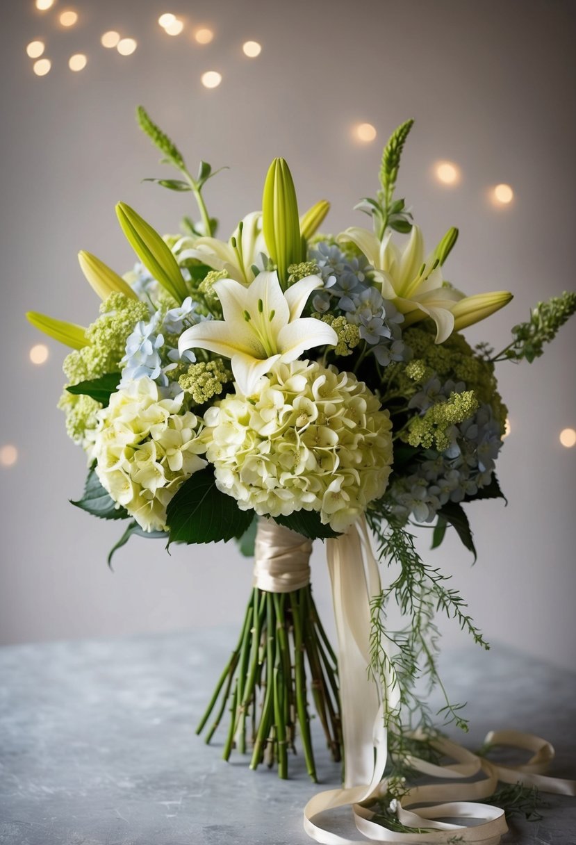 A vintage-inspired bouquet of hydrangeas and lilies, arranged in a loose, romantic style with trailing ribbons and delicate greenery