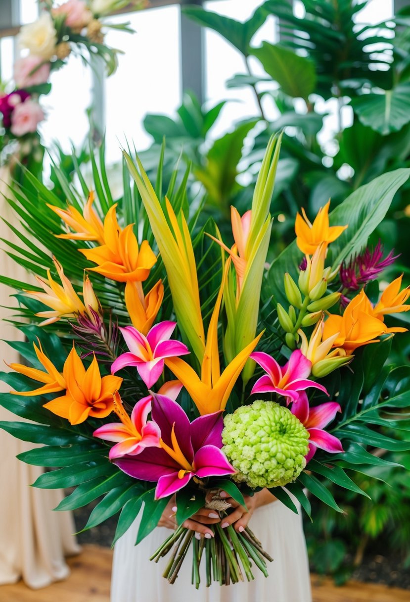 A vibrant assortment of tropical blooms arranged in a playful and unconventional style for a wedding bouquet