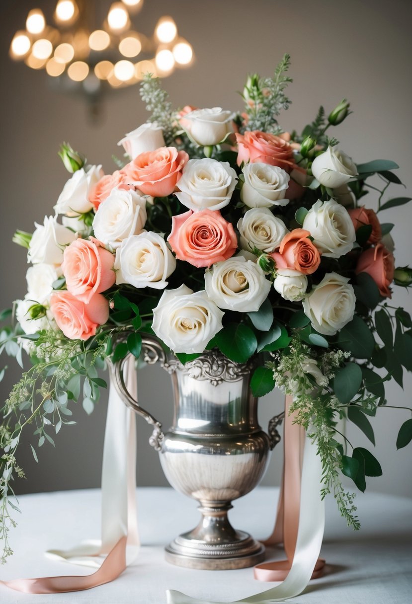 A lush bouquet of white and coral roses spills over a vintage silver vase, accented with delicate greenery and trailing ribbons