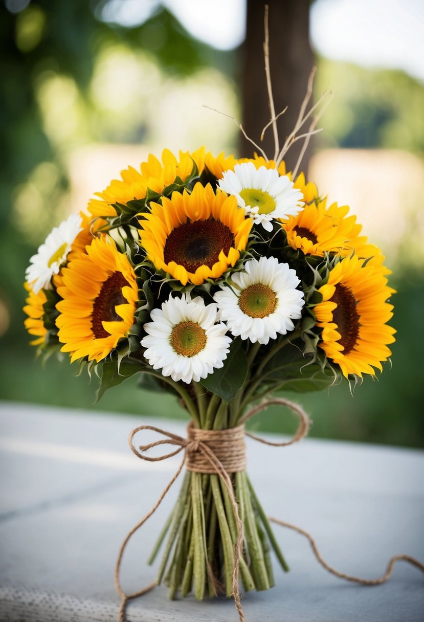 A rustic bouquet of sunflowers and daisies tied with twine