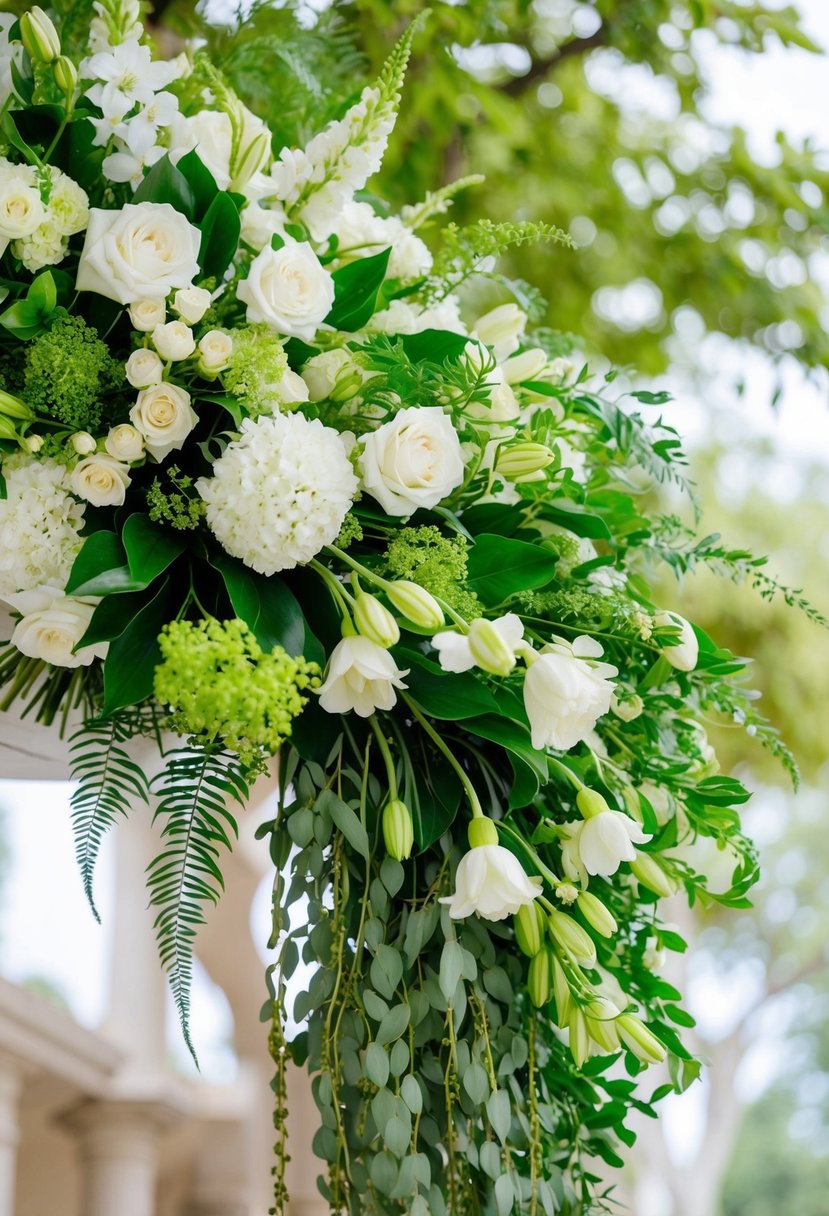 A lush bouquet of white and green flowers cascades down, with delicate foliage and elegant blooms intertwined