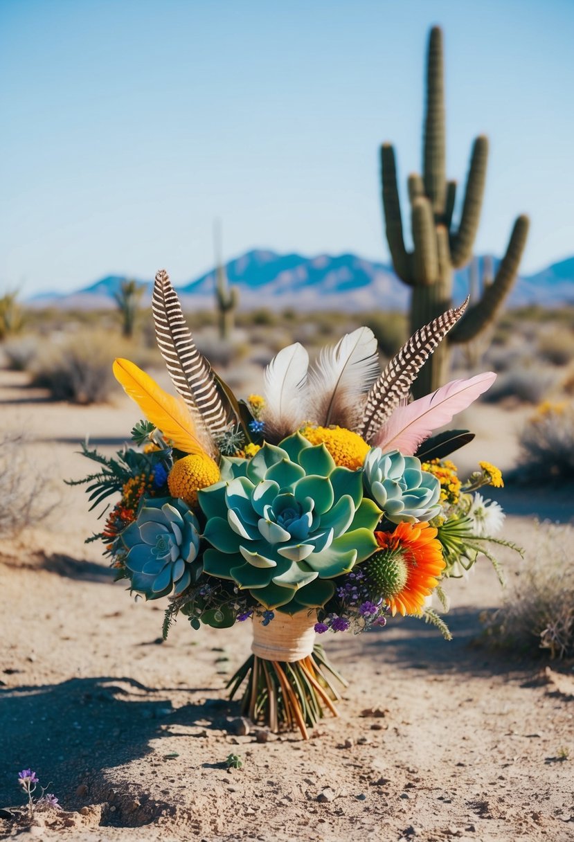 A desert landscape with vibrant, unconventional bouquets featuring succulents, feathers, and wildflowers