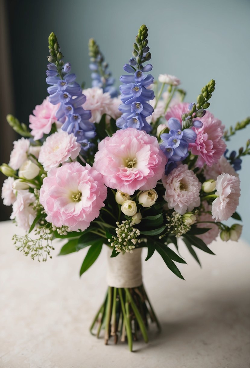 A delicate wedding bouquet of pink lisianthus and delphiniums, arranged in an elegant and romantic style