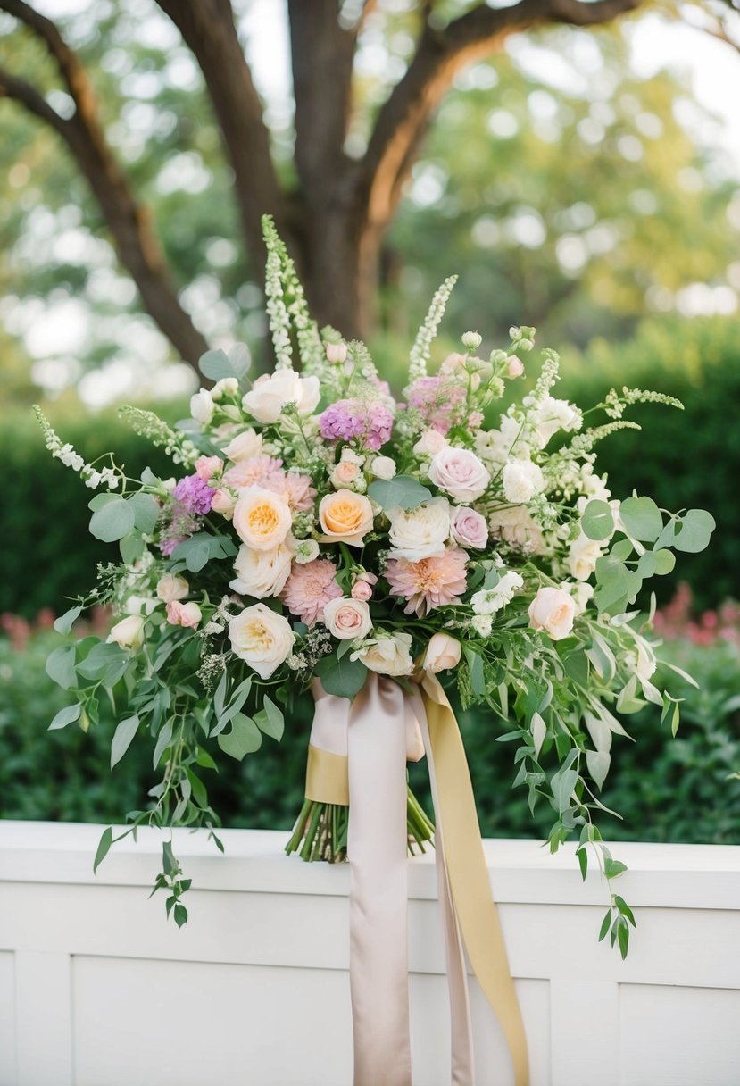 A cascading bouquet of mixed flowers in soft pastel colors, accented with greenery and tied with a silk ribbon