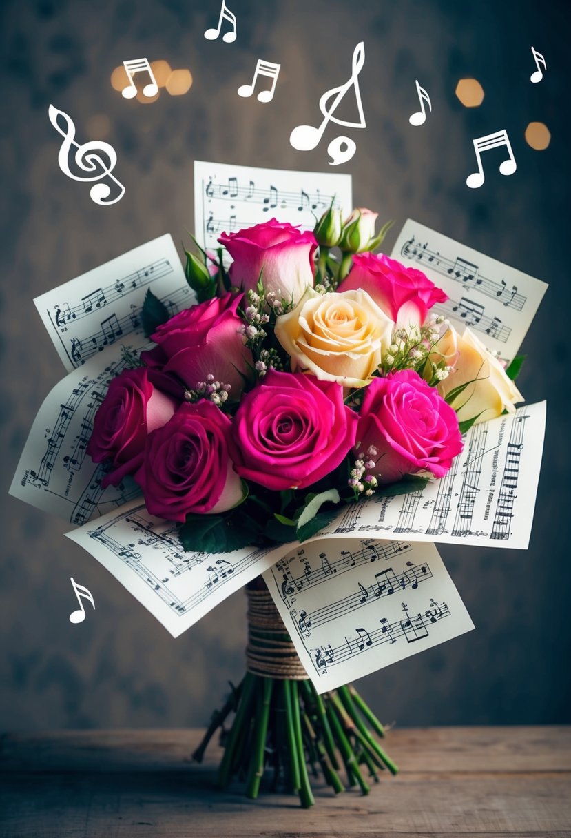 A whimsical bouquet of roses and music sheets intertwined, with musical notes floating around