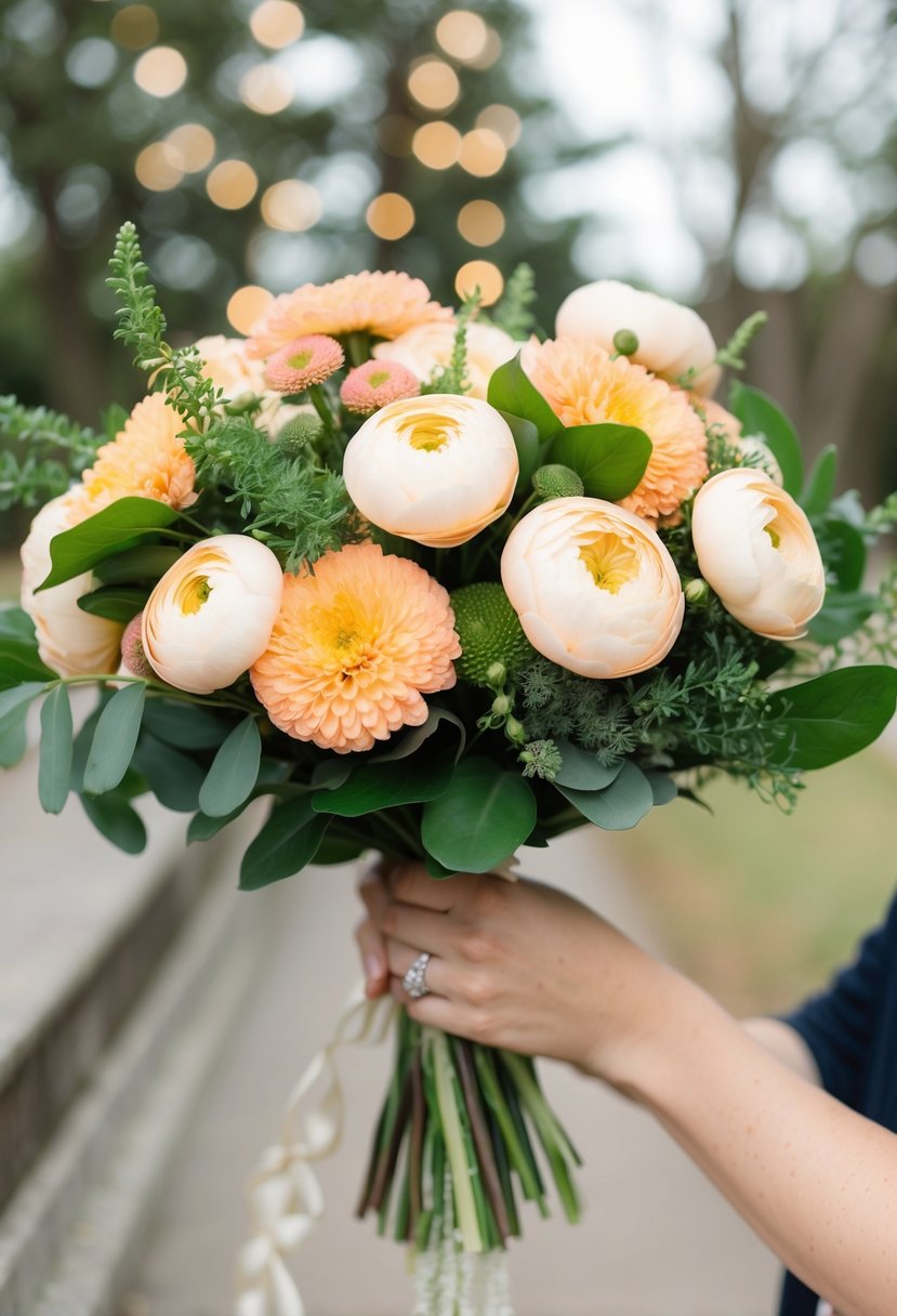 A hand-tied bouquet of peach ranunculus and mums, with greenery