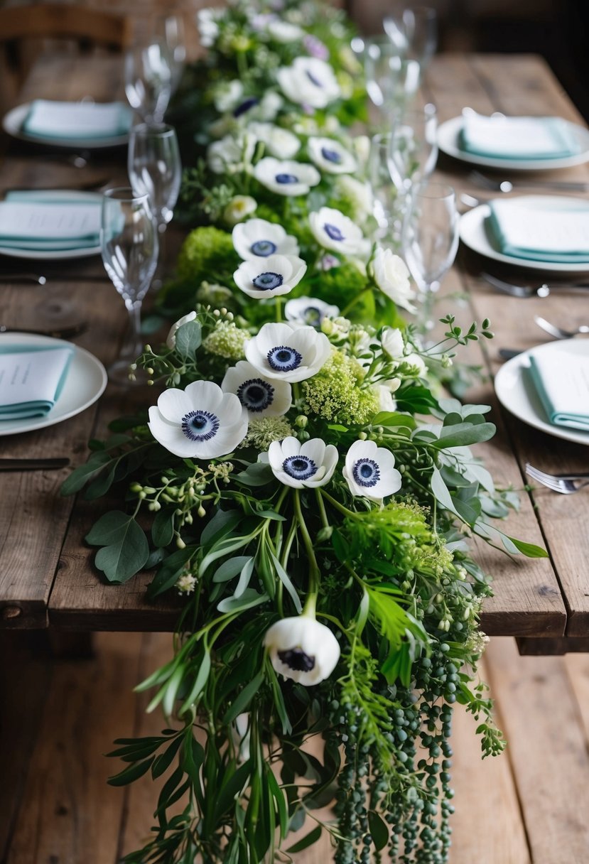 A lush, cascading bouquet of vibrant anemones and delicate greenery spills over a rustic wooden table, creating a stunning centerpiece