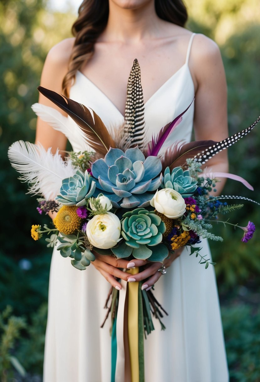 A whimsical wedding bouquet with a mix of textures: feathers, succulents, ribbons, and wildflowers arranged in a playful and unconventional manner