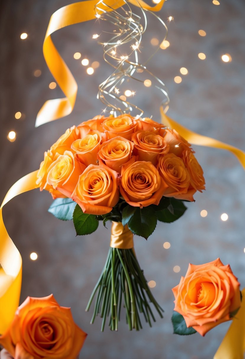 An orange rose bouquet floats in the air, surrounded by swirling ribbons and sparkles