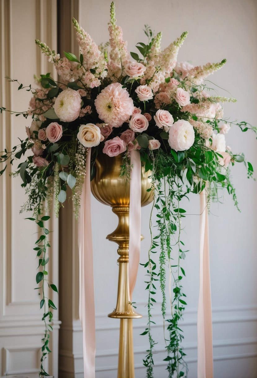 A lush cascade of blush pink and ivory flowers tumbling from a golden vase, accented with delicate greenery and trailing ribbons