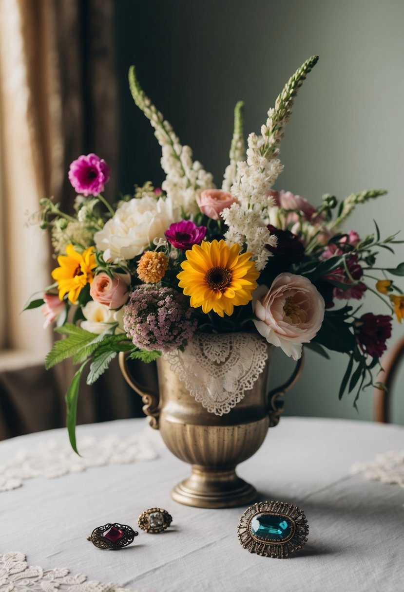 A table with vintage-inspired bouquets: mismatched flowers, lace, and heirloom brooches nestled in a vintage vase