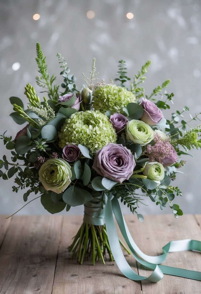 A bouquet of sage green and mauve flowers arranged in a mix of sizes and textures, with delicate greenery and trailing ribbons