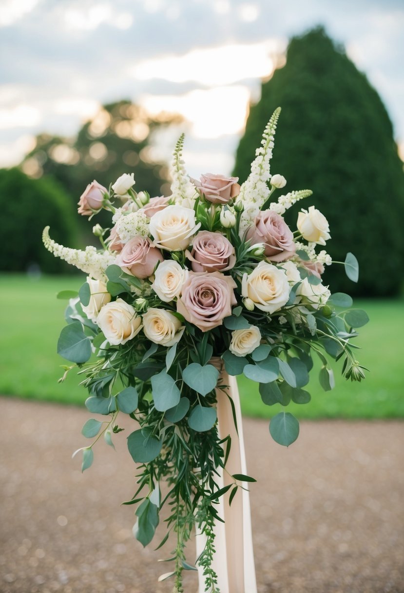 A cascading wedding bouquet with dusty rose and cream flowers in a soft, romantic blend