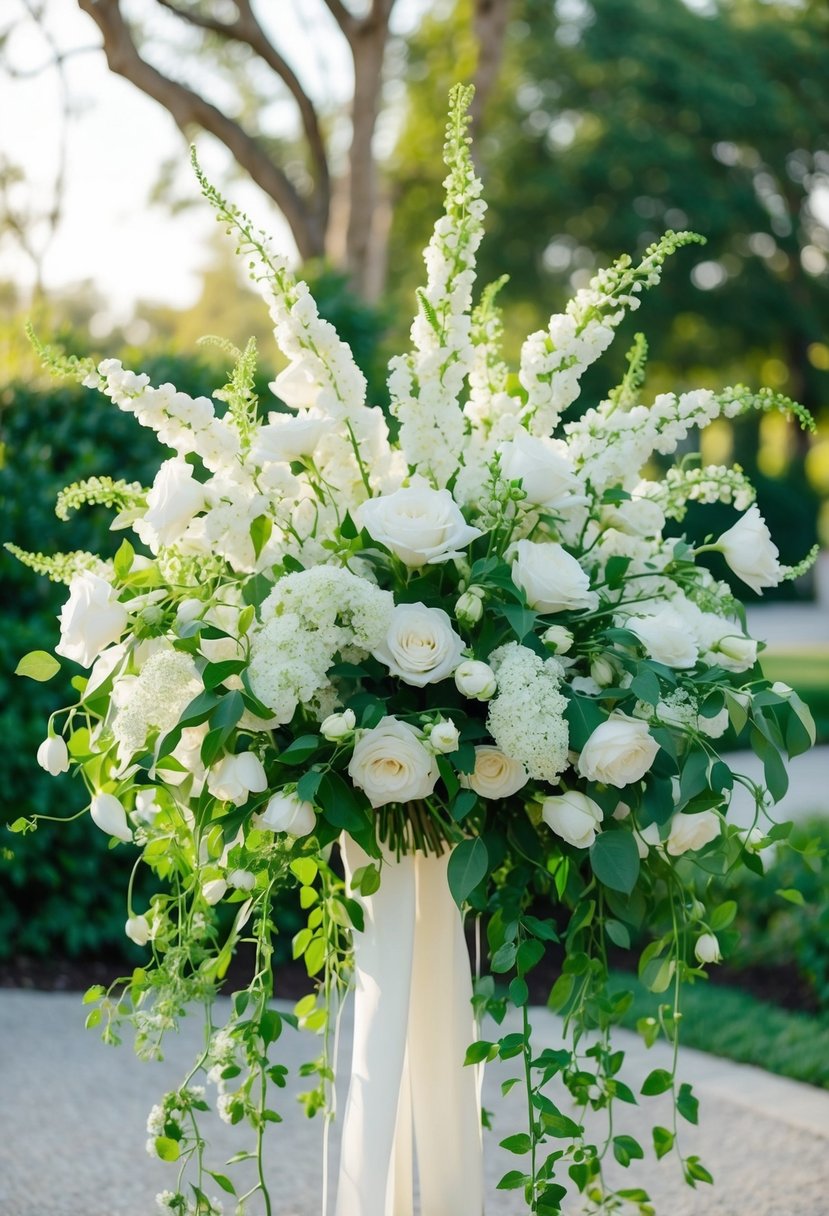 Cascading white blooms and lush green vines intertwine in a stunning wedding bouquet