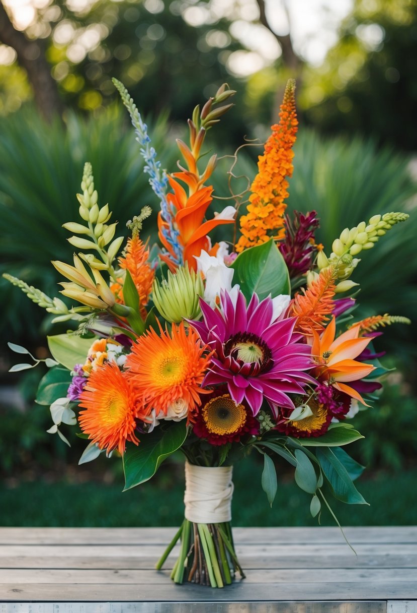 A vibrant mix of exotic flowers arranged in a whimsical, unconventional wedding bouquet