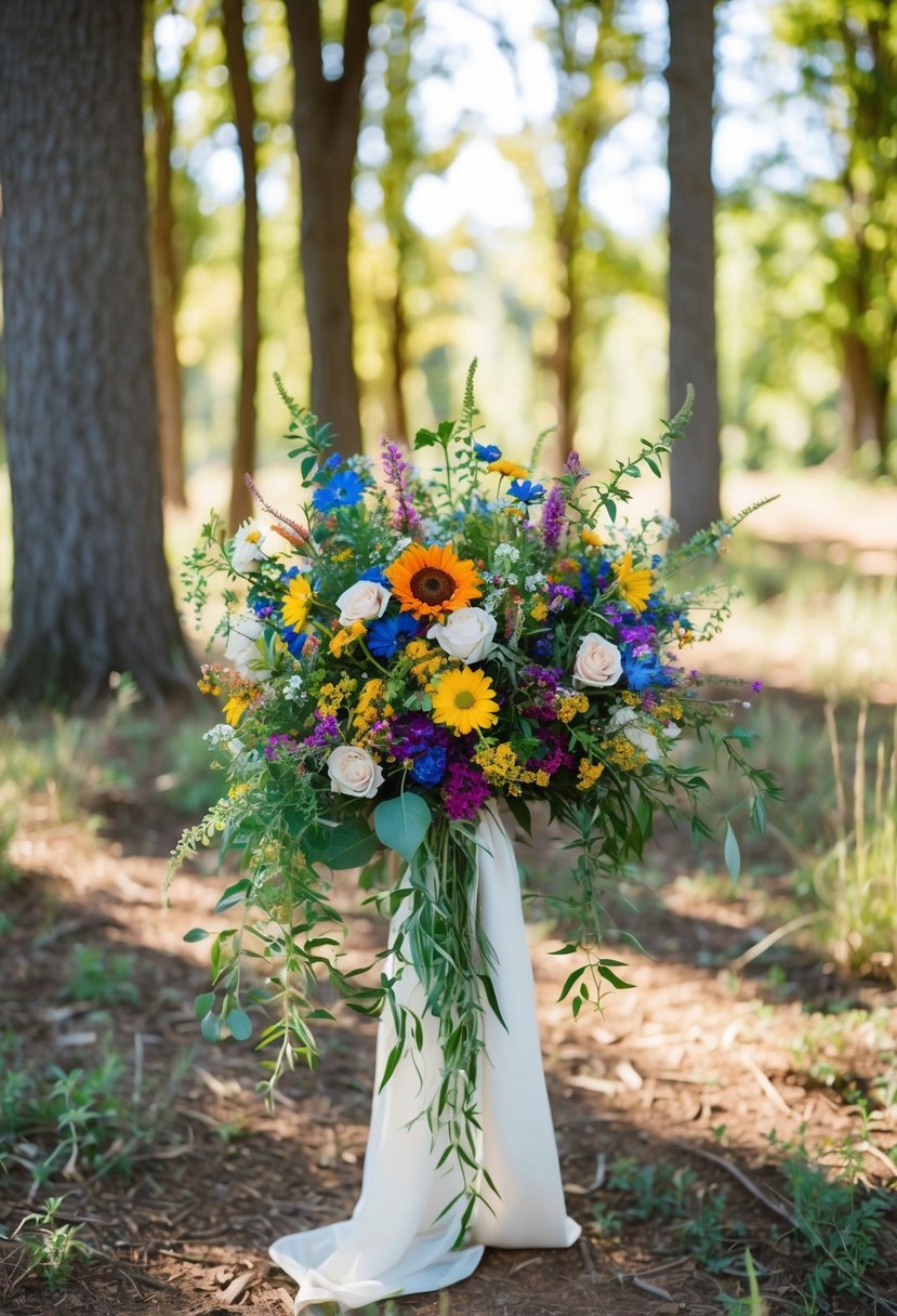 A cascading wedding bouquet of vibrant wildflowers in a rustic, outdoor setting with dappled sunlight filtering through the trees