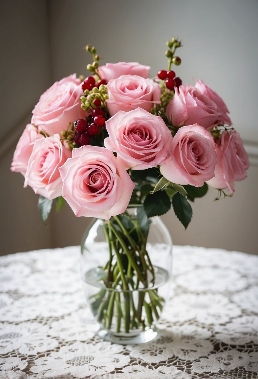 A bouquet of delicate pink roses with berry accents in a glass vase on a lace-covered table