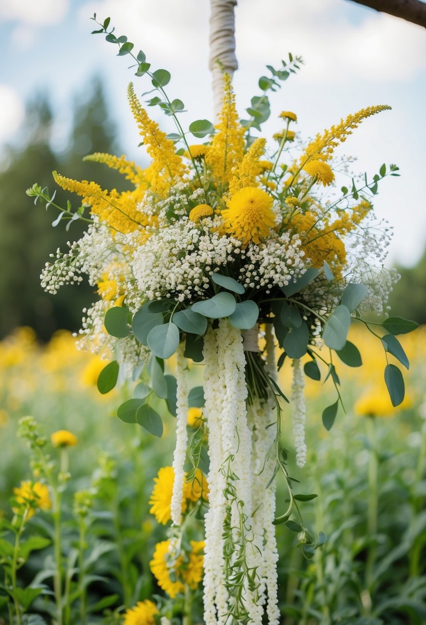 A cascading wedding bouquet of goldenrod and baby's breath, with delicate sprigs flowing down in a natural and elegant arrangement