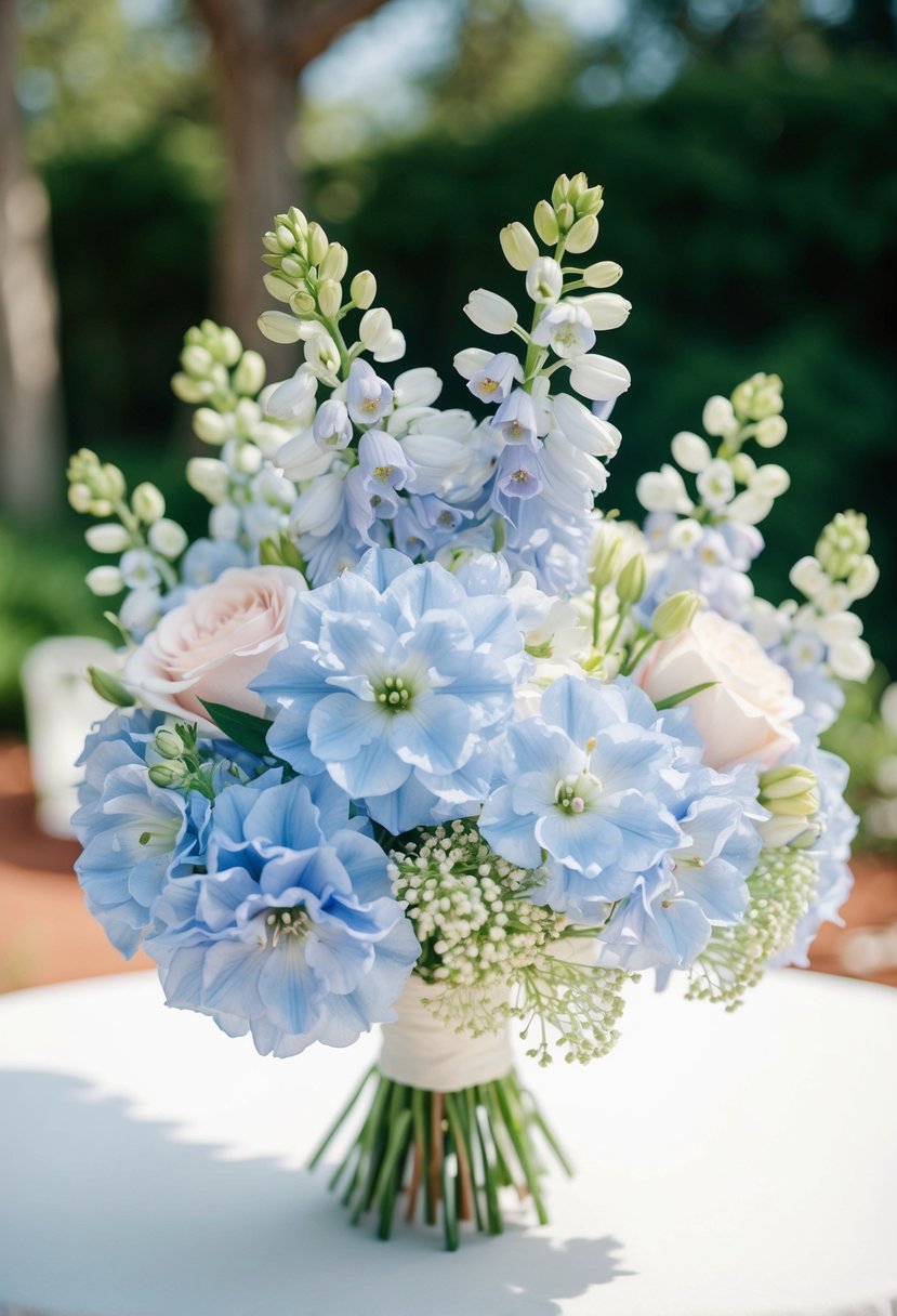 A delicate wedding bouquet of light blue delphiniums and soft pastels