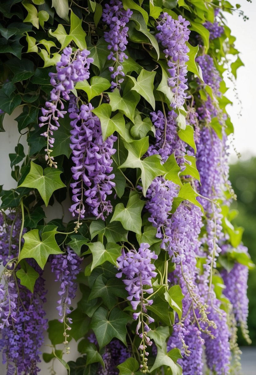 Ivy vines entwined with cascading wisteria, creating a lush and romantic wedding bouquet