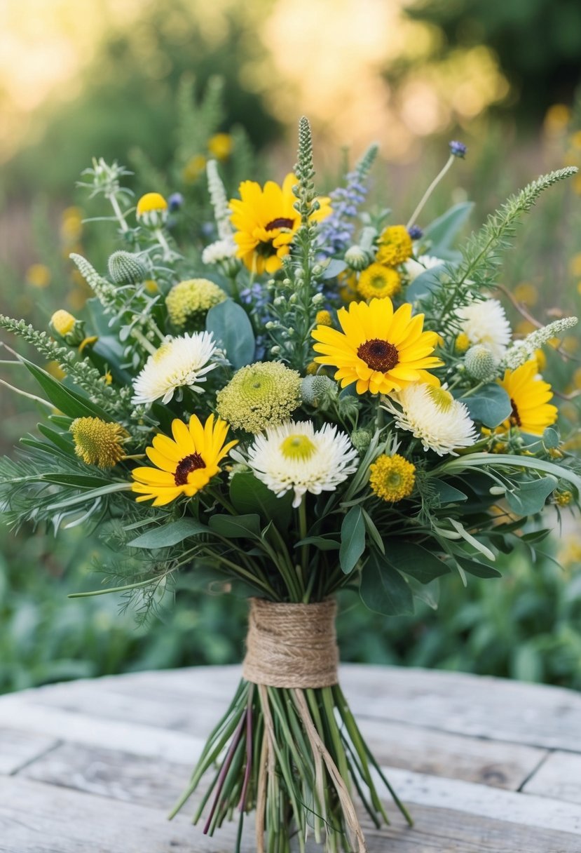 A vibrant bouquet of bohemian wildflowers and craspedia arranged in a rustic, hand-tied style with natural greenery and pops of yellow