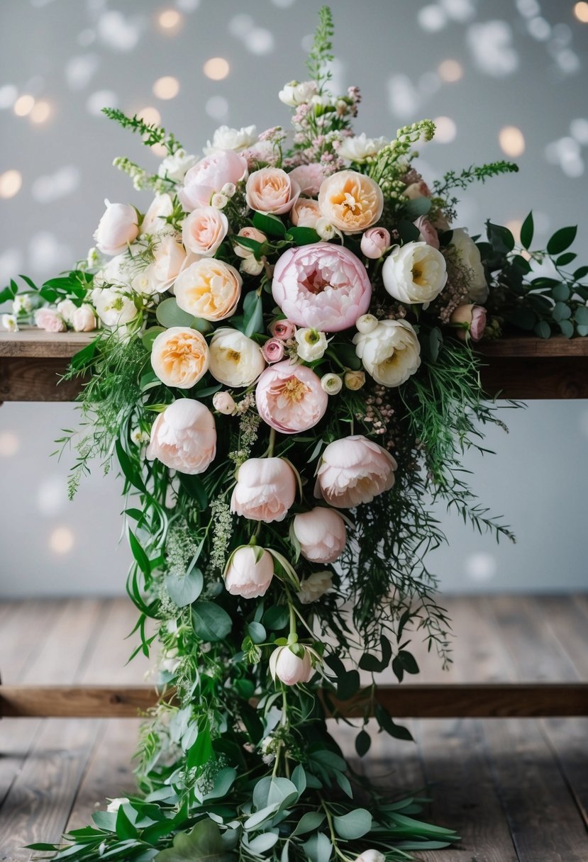 A cascading bouquet of pastel roses, peonies, and greenery spilling over a rustic wooden table