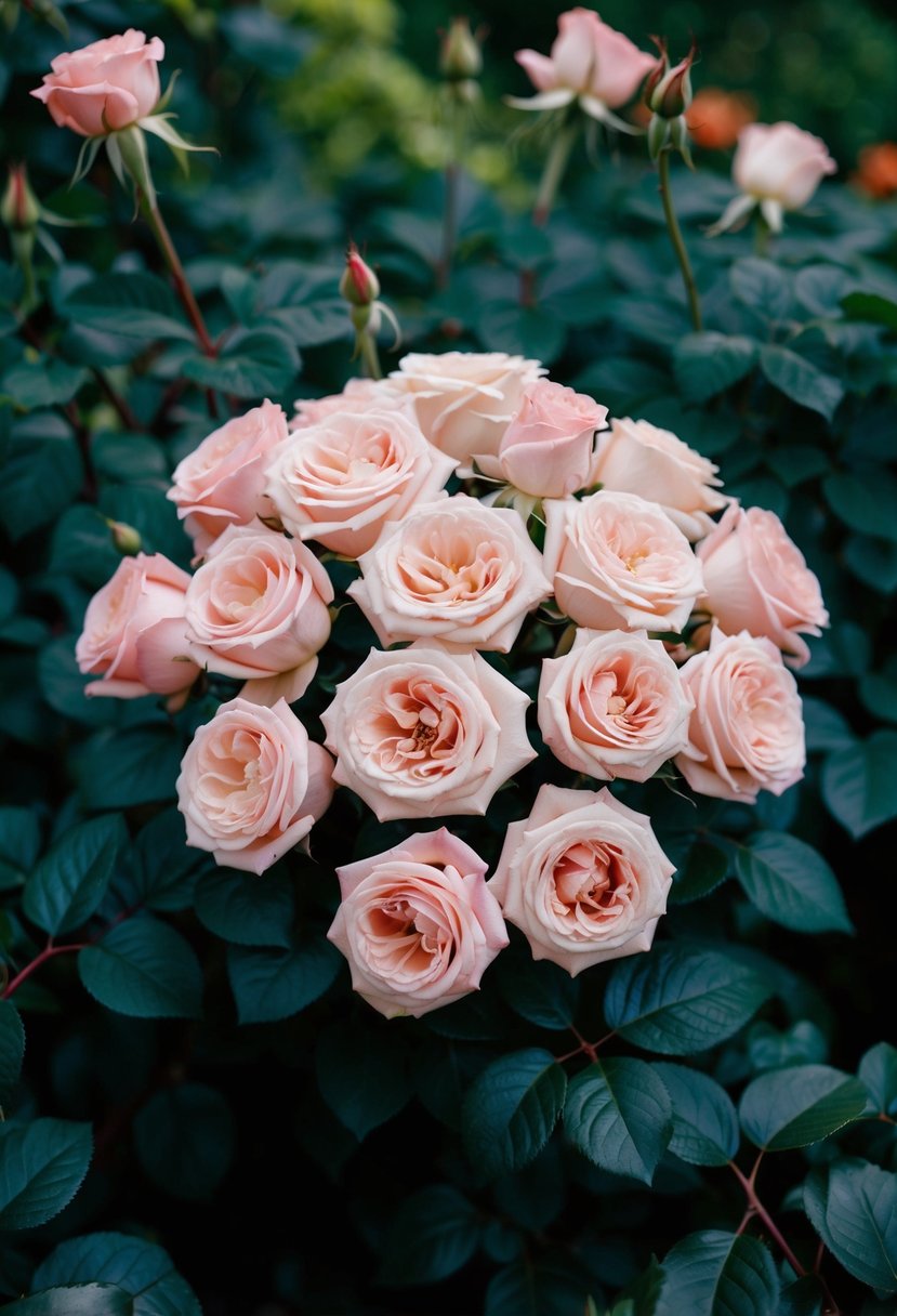 A bouquet of lush garden roses surrounded by dark green foliage