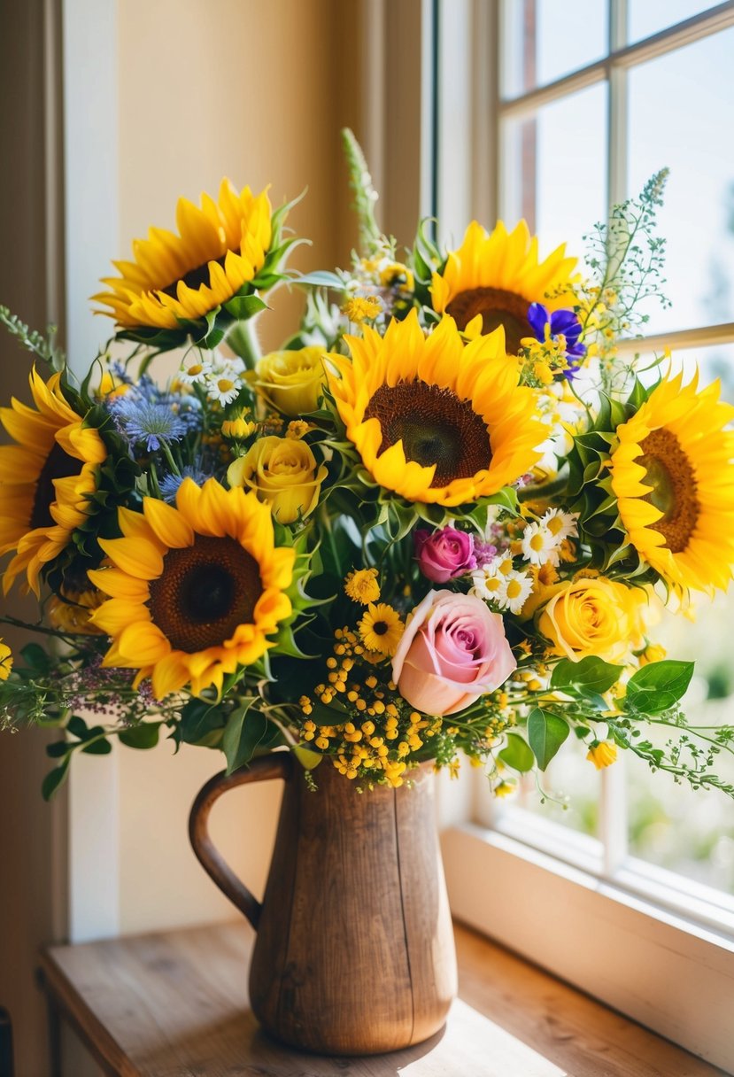 A vibrant bouquet of sunflowers, roses, and wildflowers arranged in a rustic, wooden vase. Sunlight streams through an open window, casting a warm glow on the cheerful arrangement