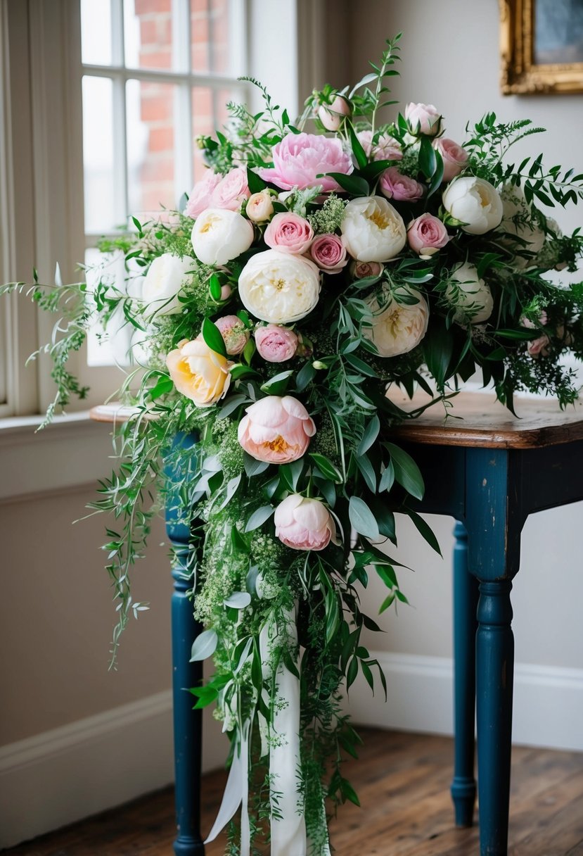 A lush cascade bouquet of roses, peonies, and cascading greenery, tied with silk ribbon, sits on a vintage wooden table