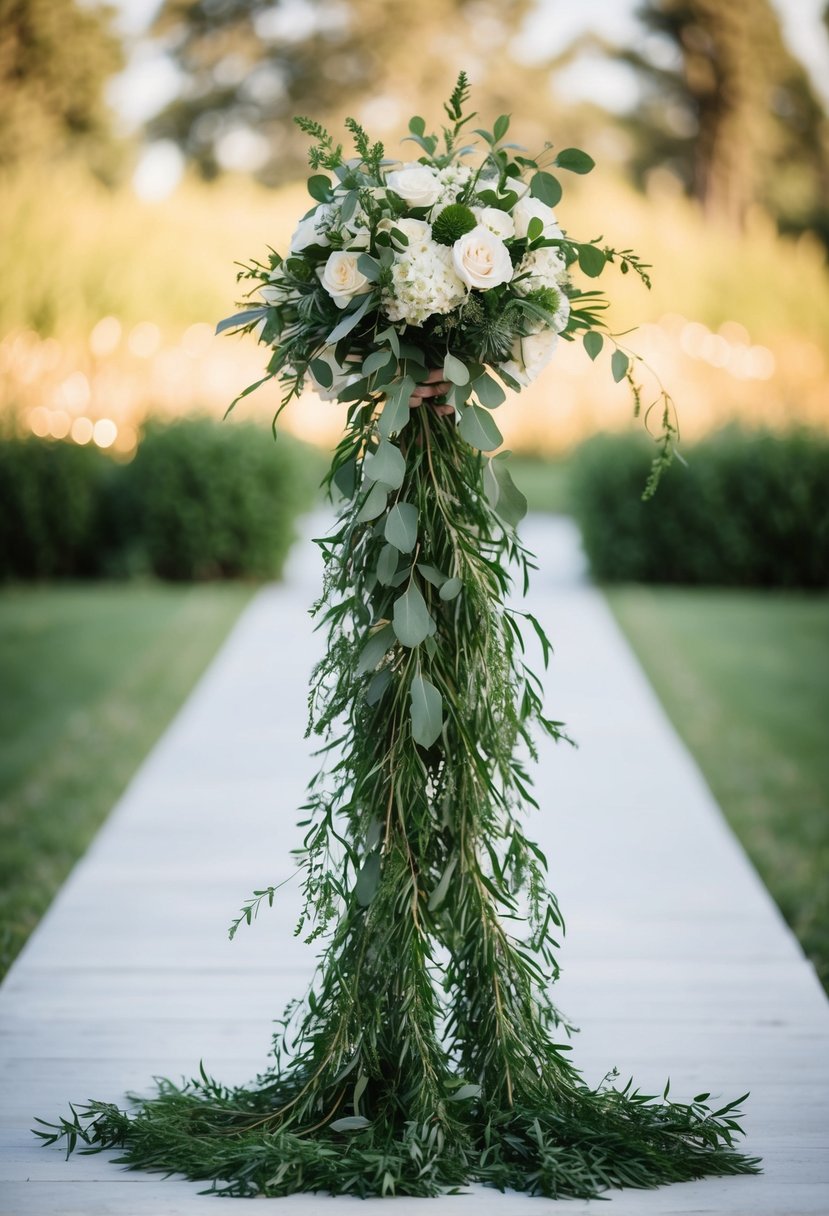 A cascading wedding bouquet of long trailing greenery