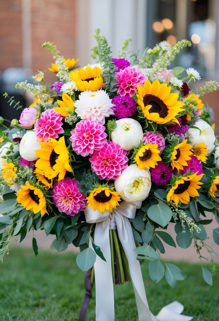 A vibrant assortment of dahlias, peonies, and sunflowers arranged in a cascading bouquet, accented with delicate greenery and tied with a flowing ribbon