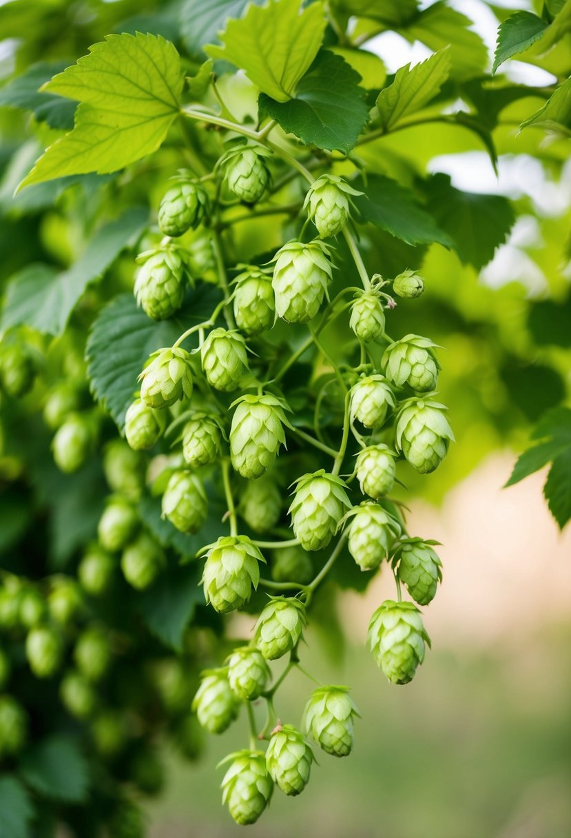 Lush green hops vines and delicate cascading accents for a wedding bouquet