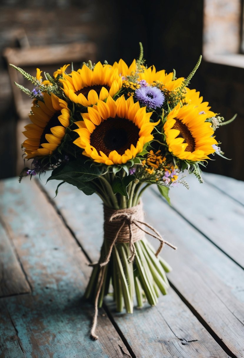 A rustic bouquet of sunflowers, tied with twine and accented with wildflowers, sits on a weathered wooden table