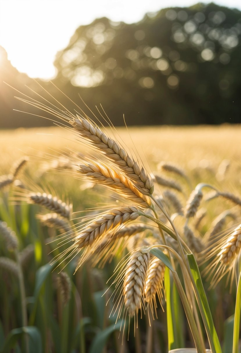 Sunlight filters through a field of golden wheat stems, creating a cascading effect for a wedding bouquet