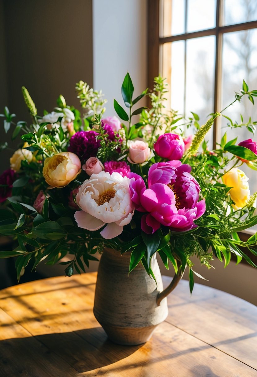 A lush and colorful bouquet of peonies, roses, and greenery arranged in a rustic vase on a wooden table. Sunlight filters through a nearby window, casting a warm glow on the flowers