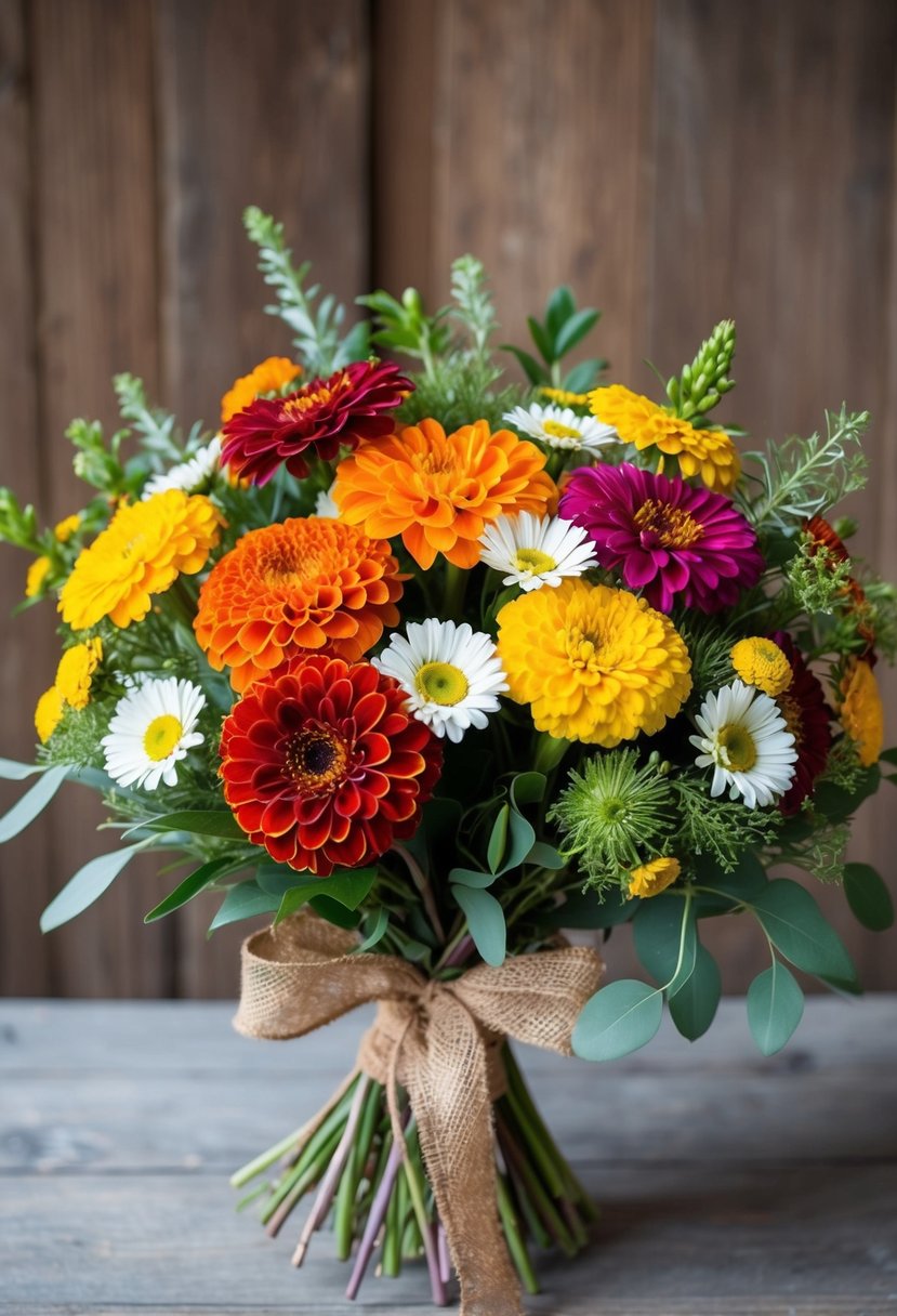 A vibrant bouquet of zinnias, marigolds, and daisies in a rustic, hand-tied arrangement, accented with fresh greenery and tied with a burlap ribbon