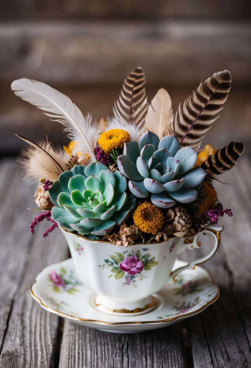 A bouquet made of succulents, feathers, and dried flowers in a vintage teacup