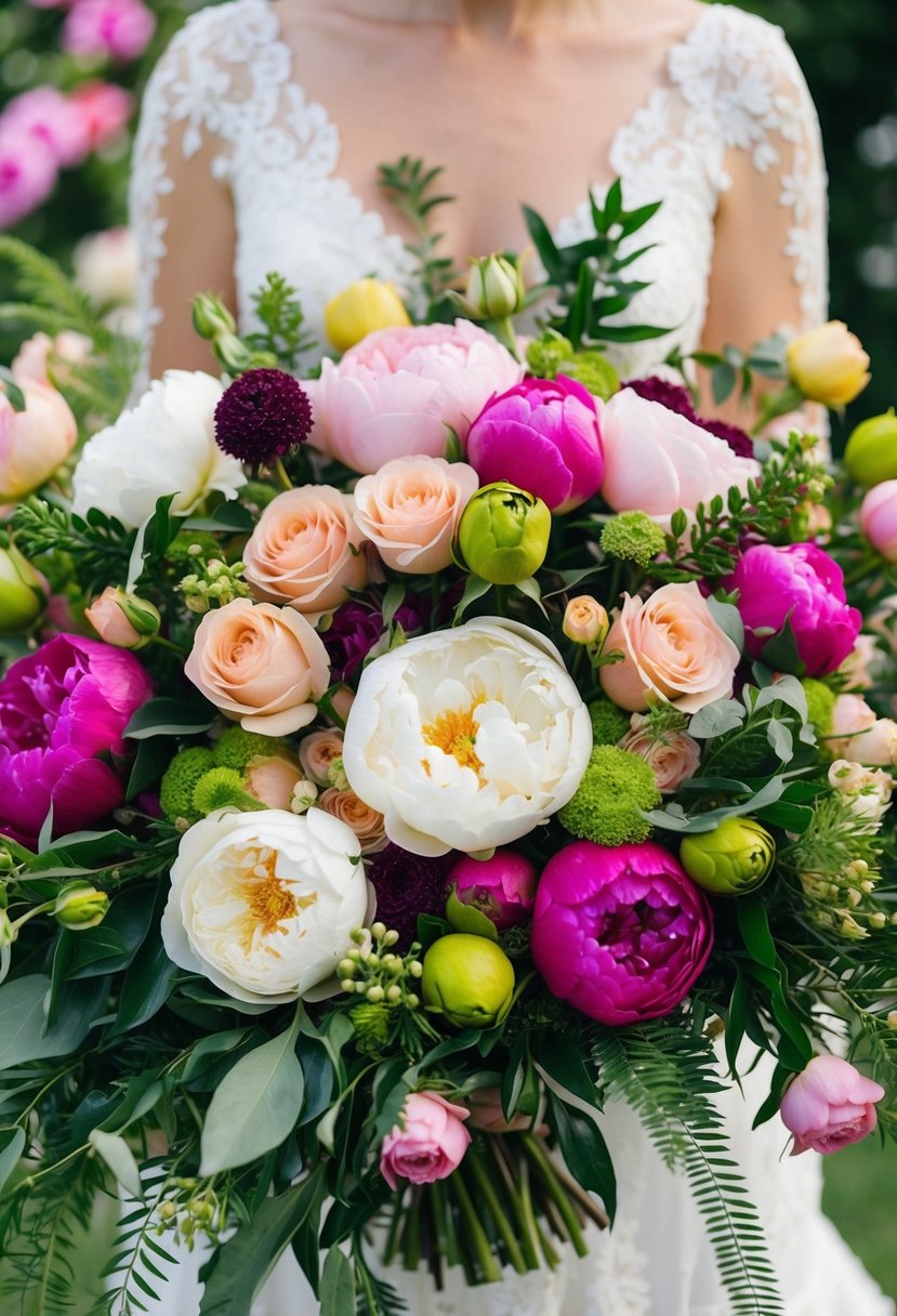 A vibrant array of roses, peonies, and greenery arranged in a lush, overflowing bouquet, perfect for a summer wedding